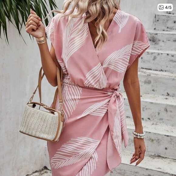 Pink Boho Women's Tropical Print Batwing Sleeve Knot Side Wrap Dress - Picture 4 of 5